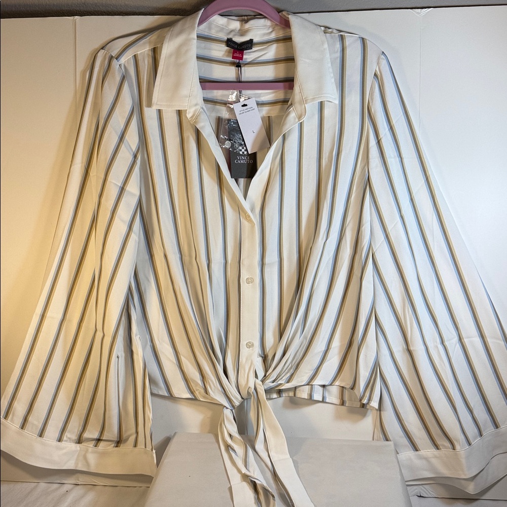 Vince Camuto Cream Blouse with Blue & Tan Stripes